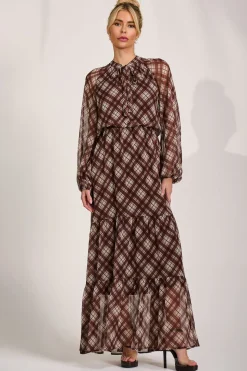 Long Sleeve Tie Neck Maxi Dress, Brown Check