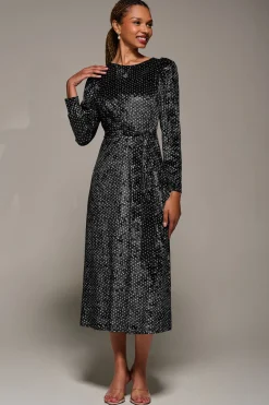 Long Sleeve Velvet Tie Detail Midi Dress, Black Spot