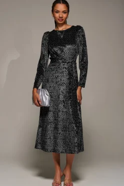 Long Sleeve Velvet Tie Detail Midi Dress, Black Spot