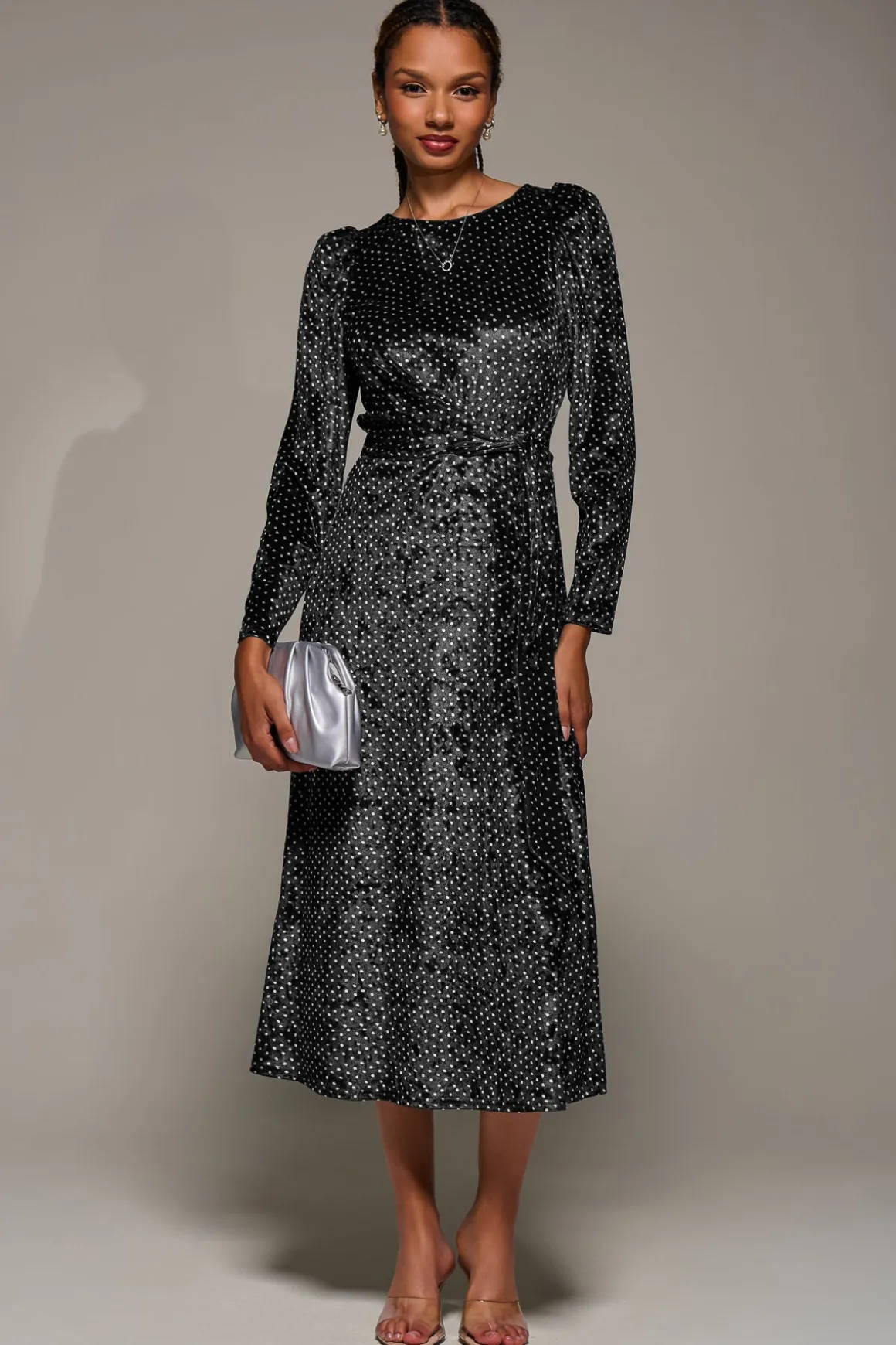 Long Sleeve Velvet Tie Detail Midi Dress, Black Spot