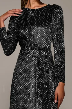 Long Sleeve Velvet Tie Detail Midi Dress, Black Spot