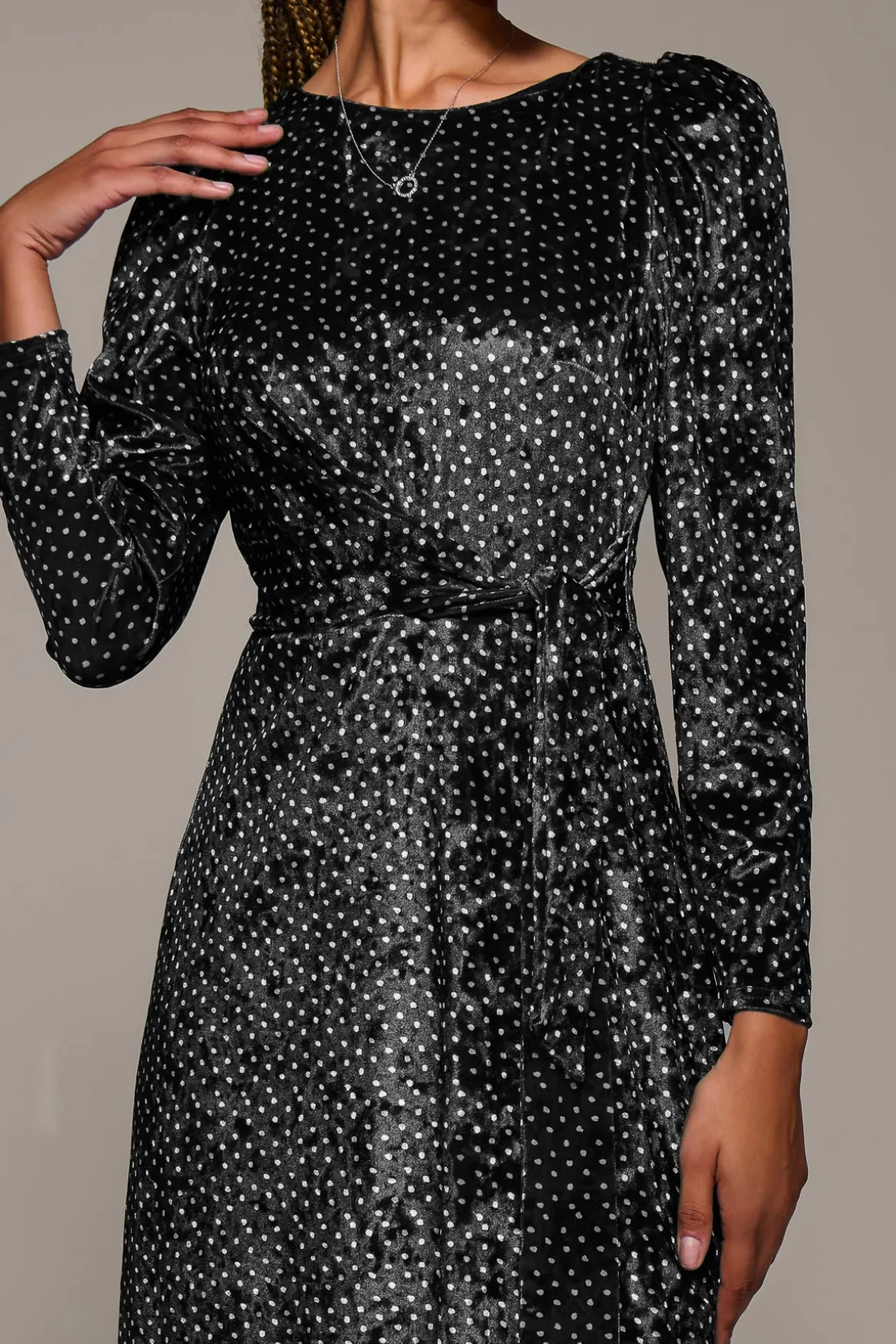 Long Sleeve Velvet Tie Detail Midi Dress, Black Spot