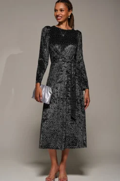 Long Sleeve Velvet Tie Detail Midi Dress, Black Spot