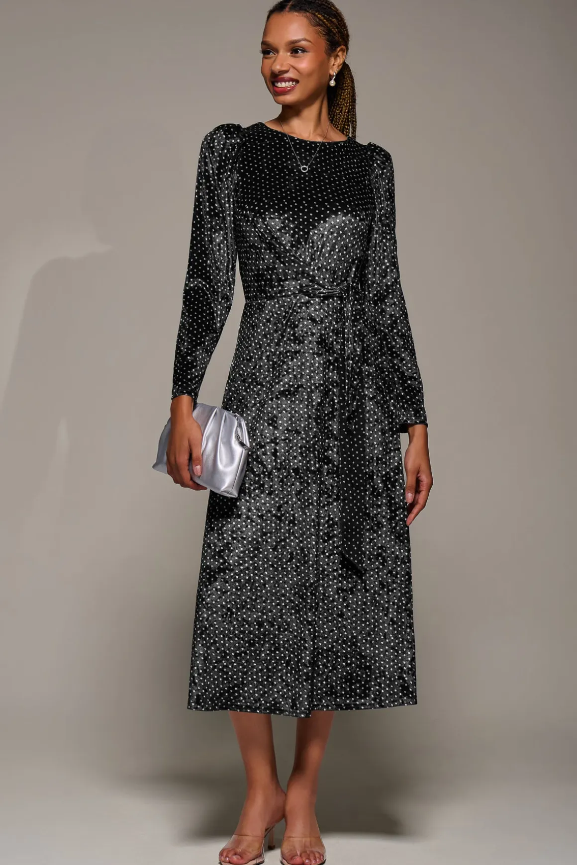 Long Sleeve Velvet Tie Detail Midi Dress, Black Spot