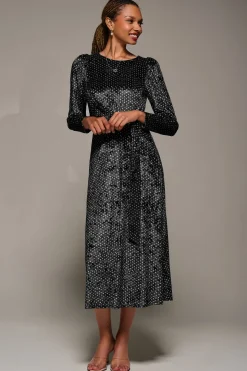Long Sleeve Velvet Tie Detail Midi Dress, Black Spot