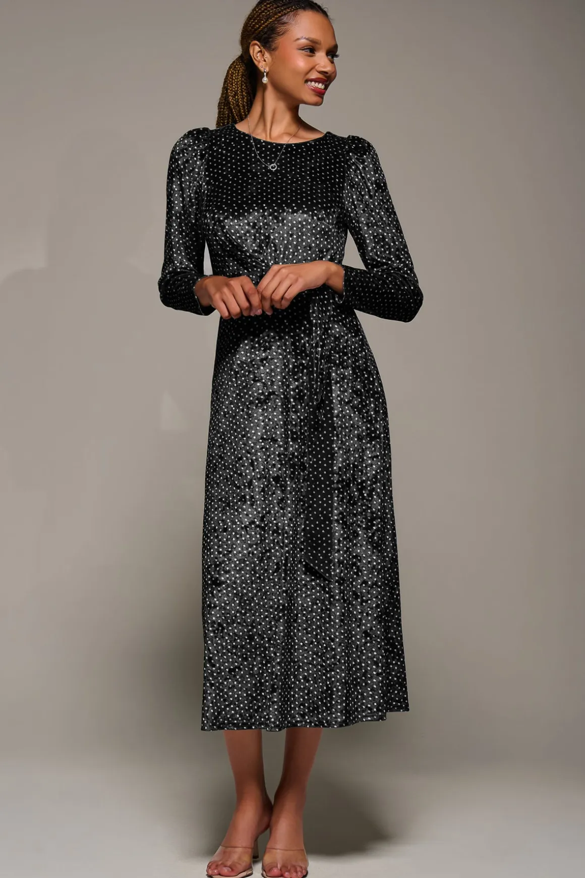 Long Sleeve Velvet Tie Detail Midi Dress, Black Spot