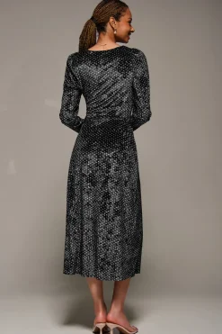 Long Sleeve Velvet Tie Detail Midi Dress, Black Spot