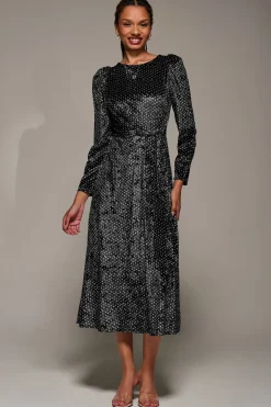 Long Sleeve Velvet Tie Detail Midi Dress, Black Spot