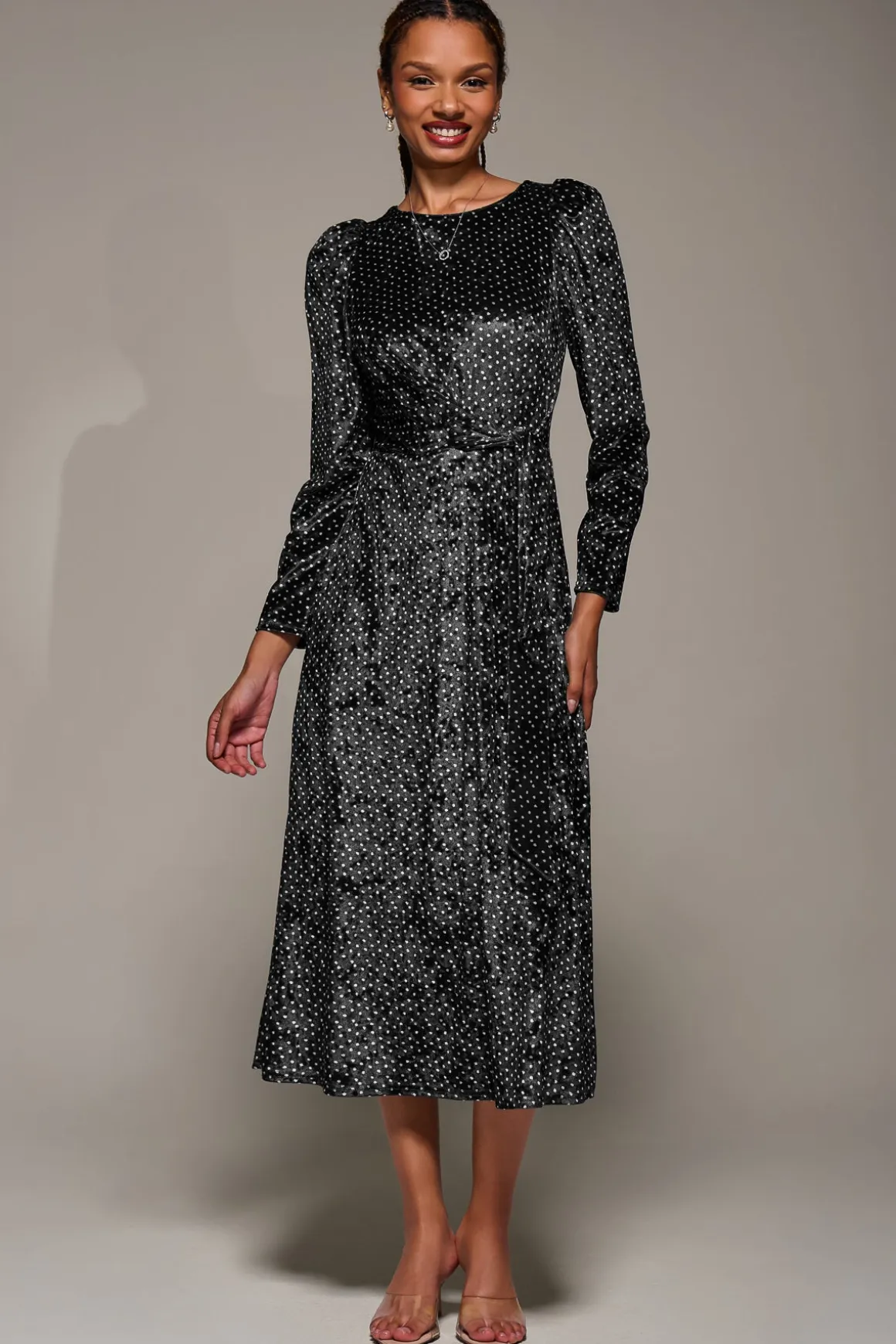 Long Sleeve Velvet Tie Detail Midi Dress, Black Spot