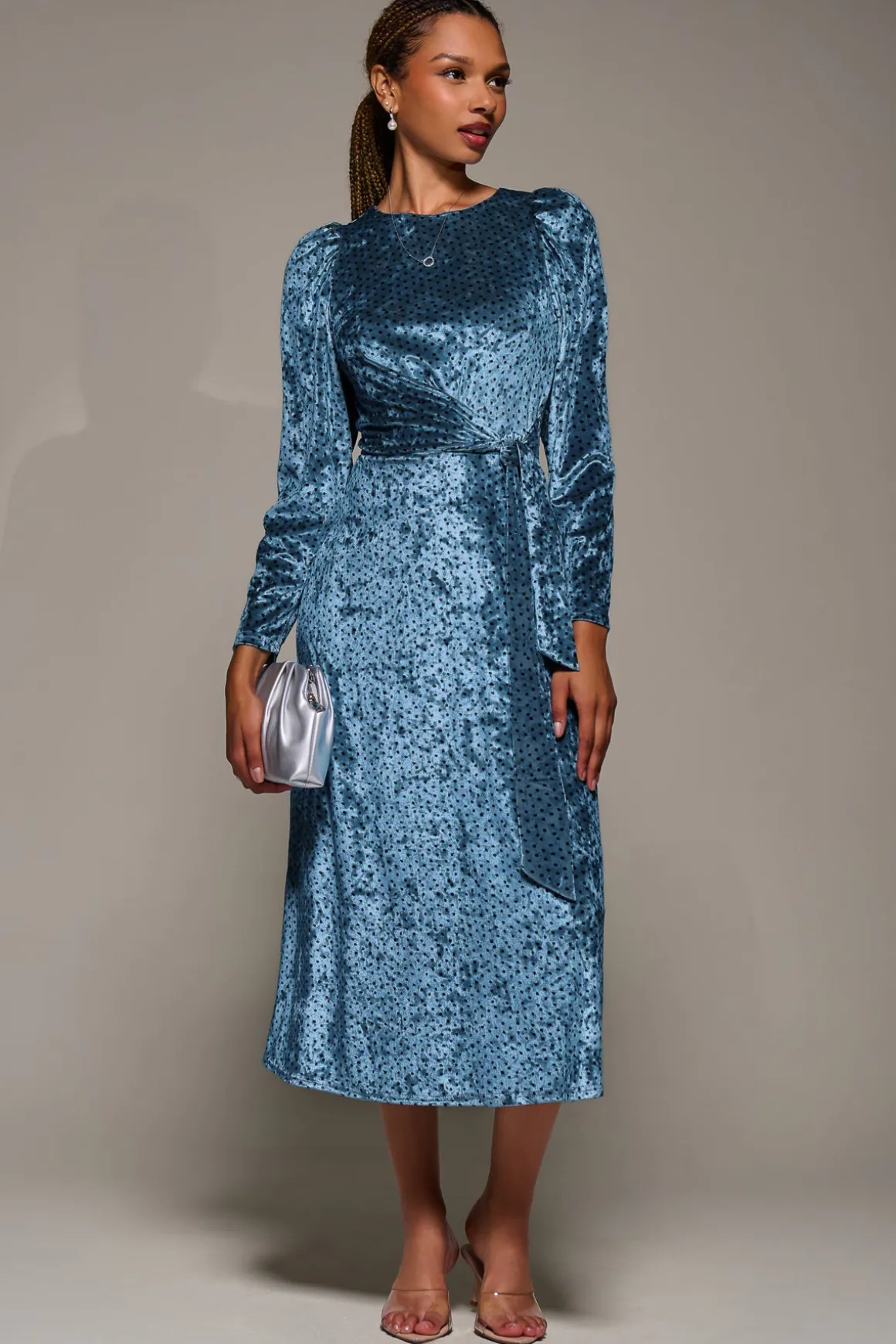 Long Sleeve Velvet Tie Detail Midi Dress, Blue Spot