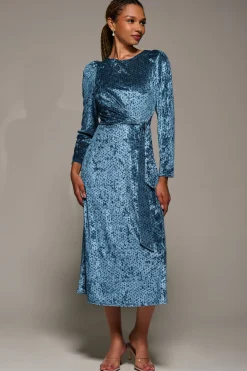 Long Sleeve Velvet Tie Detail Midi Dress, Blue Spot