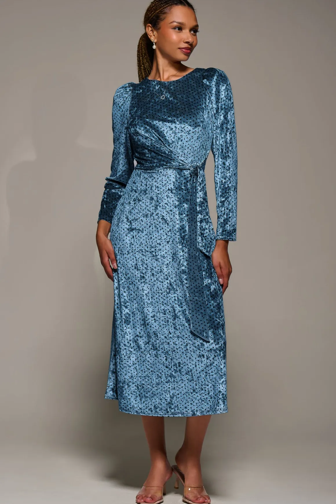 Long Sleeve Velvet Tie Detail Midi Dress, Blue Spot