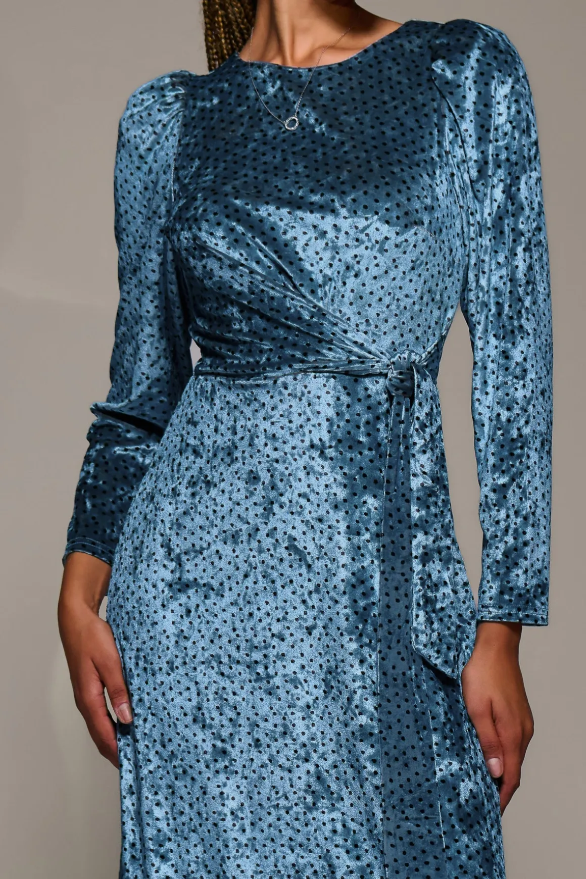 Long Sleeve Velvet Tie Detail Midi Dress, Blue Spot