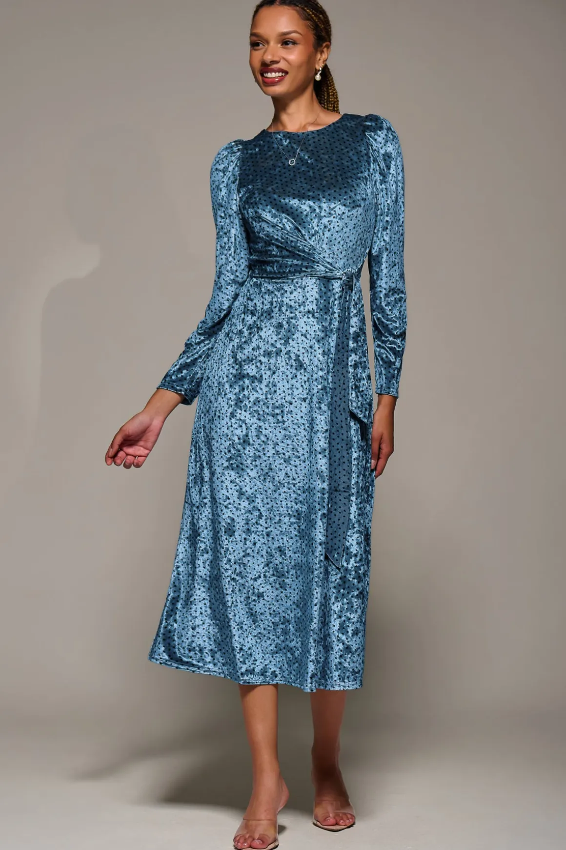 Long Sleeve Velvet Tie Detail Midi Dress, Blue Spot