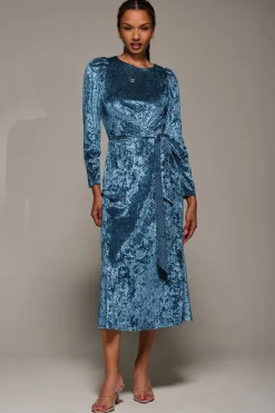 Long Sleeve Velvet Tie Detail Midi Dress, Blue Spot