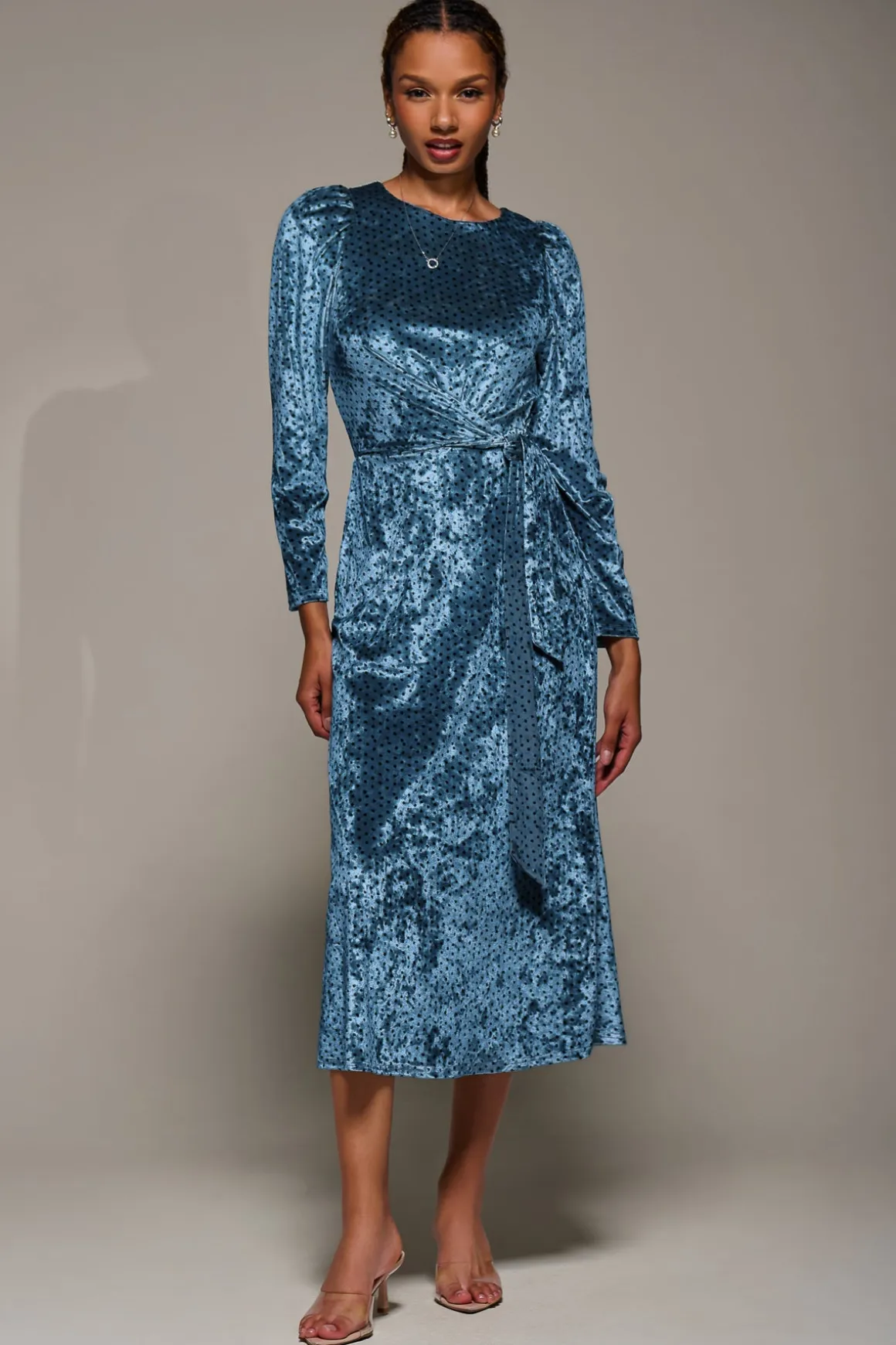 Long Sleeve Velvet Tie Detail Midi Dress, Blue Spot