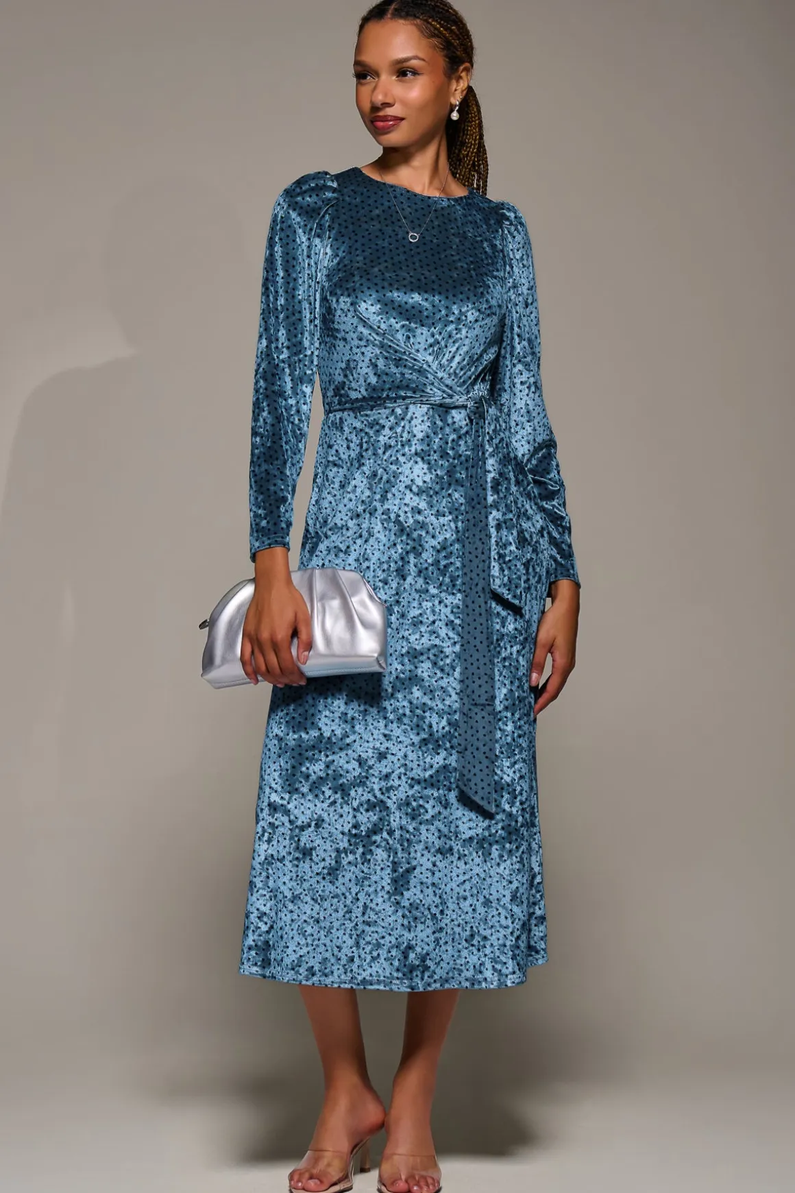 Long Sleeve Velvet Tie Detail Midi Dress, Blue Spot