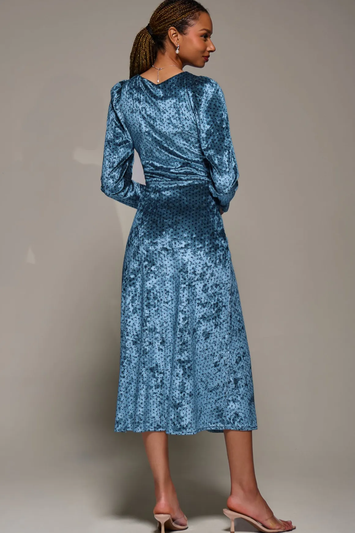 Long Sleeve Velvet Tie Detail Midi Dress, Blue Spot