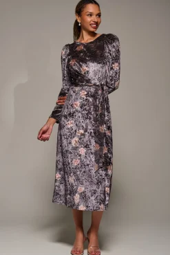 Long Sleeve Velvet Tie Detail Midi Dress, Mauve Floral