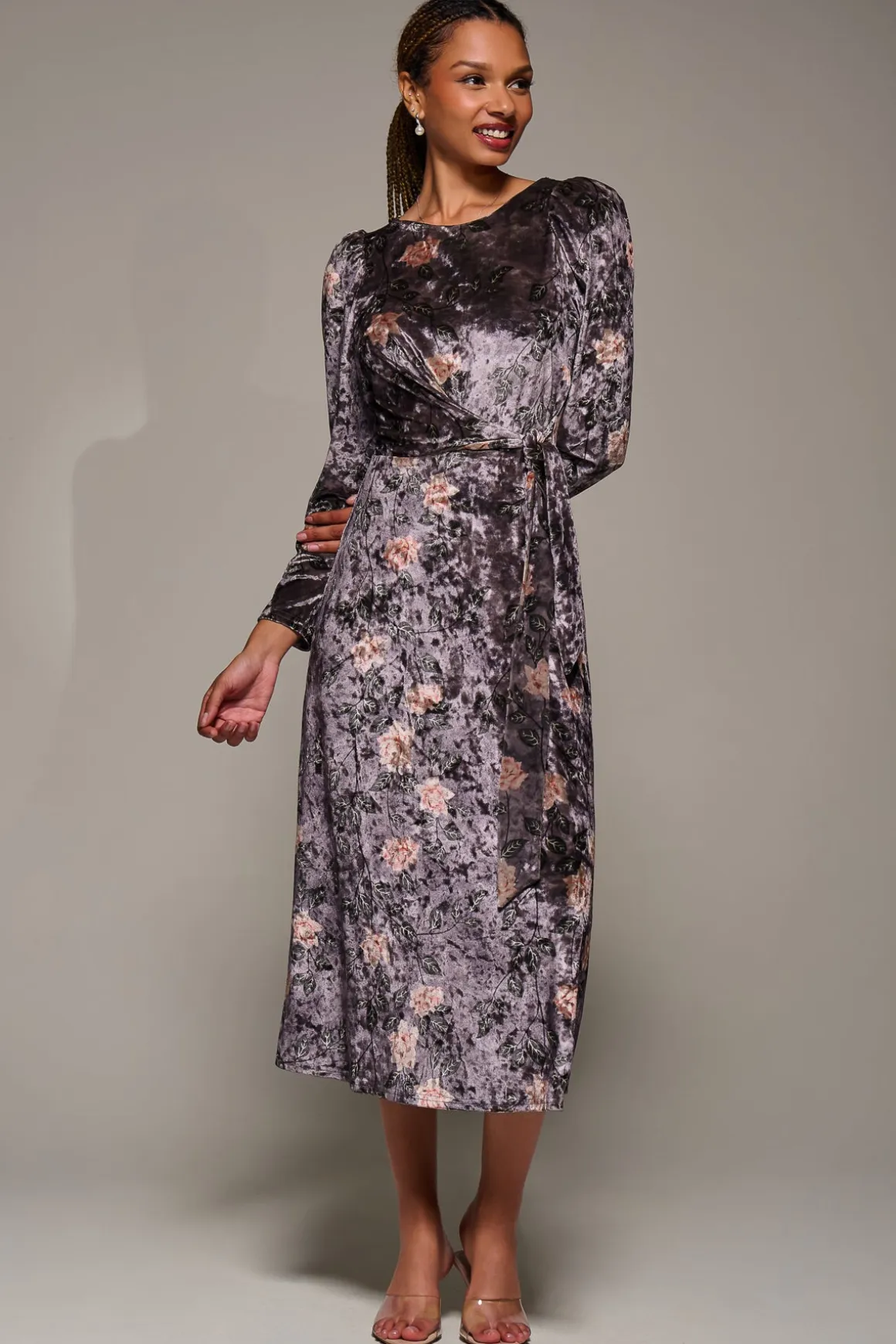 Long Sleeve Velvet Tie Detail Midi Dress, Mauve Floral