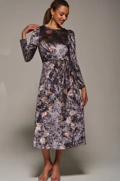 Long Sleeve Velvet Tie Detail Midi Dress, Mauve Floral