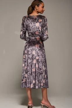 Long Sleeve Velvet Tie Detail Midi Dress, Mauve Floral