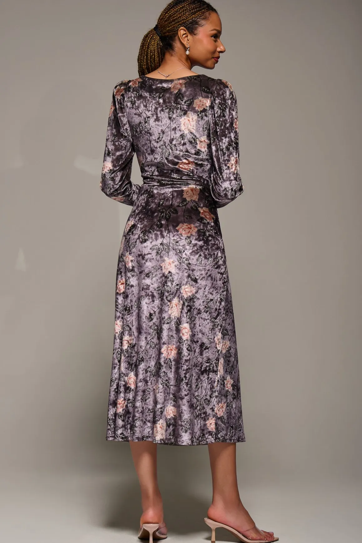 Long Sleeve Velvet Tie Detail Midi Dress, Mauve Floral