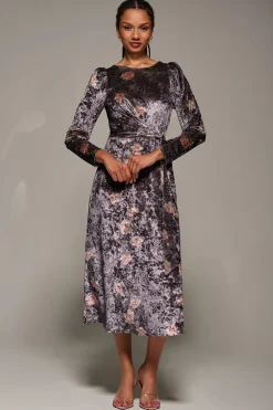 Long Sleeve Velvet Tie Detail Midi Dress, Mauve Floral