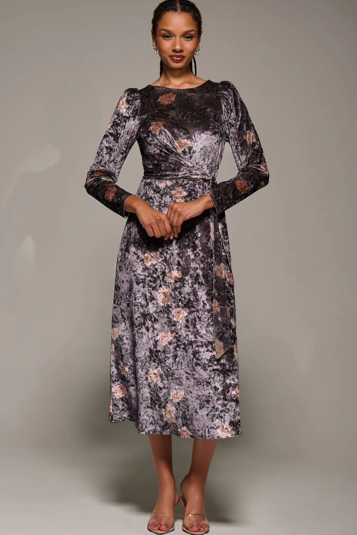 Long Sleeve Velvet Tie Detail Midi Dress, Mauve Floral