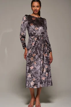 Long Sleeve Velvet Tie Detail Midi Dress, Mauve Floral