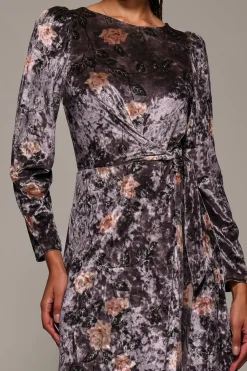 Long Sleeve Velvet Tie Detail Midi Dress, Mauve Floral