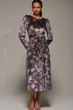 Long Sleeve Velvet Tie Detail Midi Dress, Mauve Floral