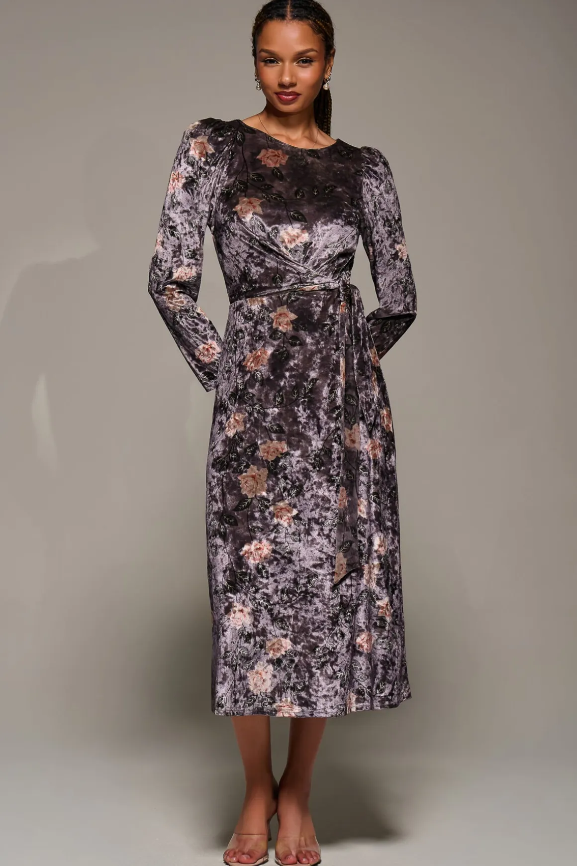 Long Sleeve Velvet Tie Detail Midi Dress, Mauve Floral