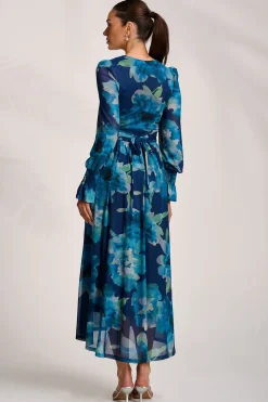 Long Sleeve V Neck Mesh Maxi Dress, Blue Floral