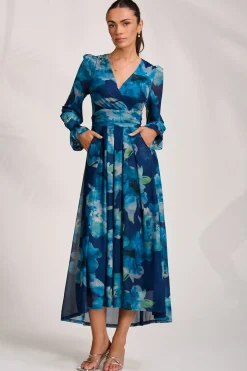 Long Sleeve V Neck Mesh Maxi Dress, Blue Floral