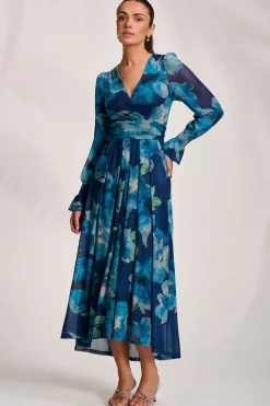 Long Sleeve V Neck Mesh Maxi Dress, Blue Floral