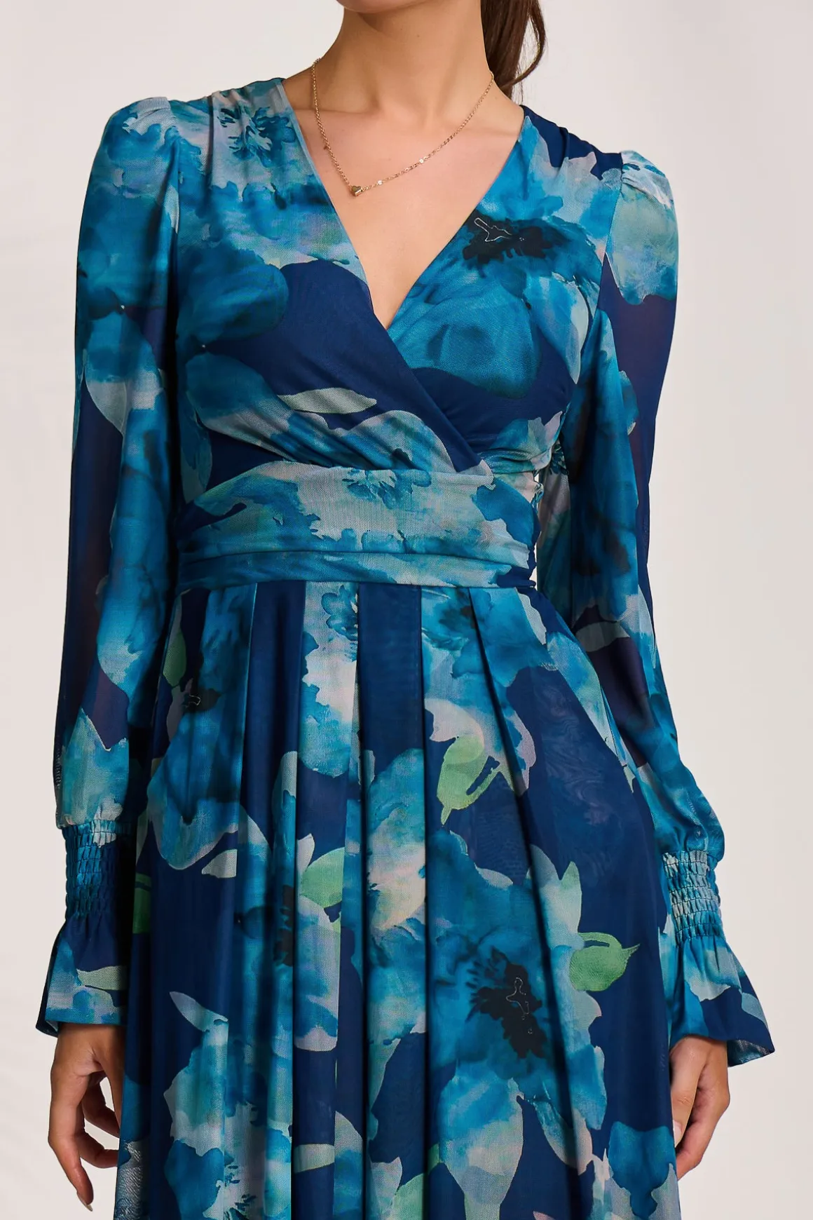 Long Sleeve V Neck Mesh Maxi Dress, Blue Floral