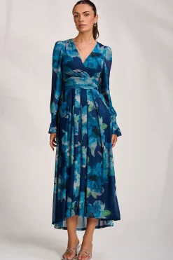 Long Sleeve V Neck Mesh Maxi Dress, Blue Floral