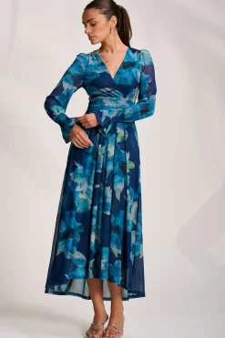 Long Sleeve V Neck Mesh Maxi Dress, Blue Floral