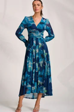 Long Sleeve V Neck Mesh Maxi Dress, Blue Floral