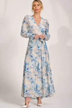 Long Sleeve V Neck Mesh Maxi Dress, Cream Floral