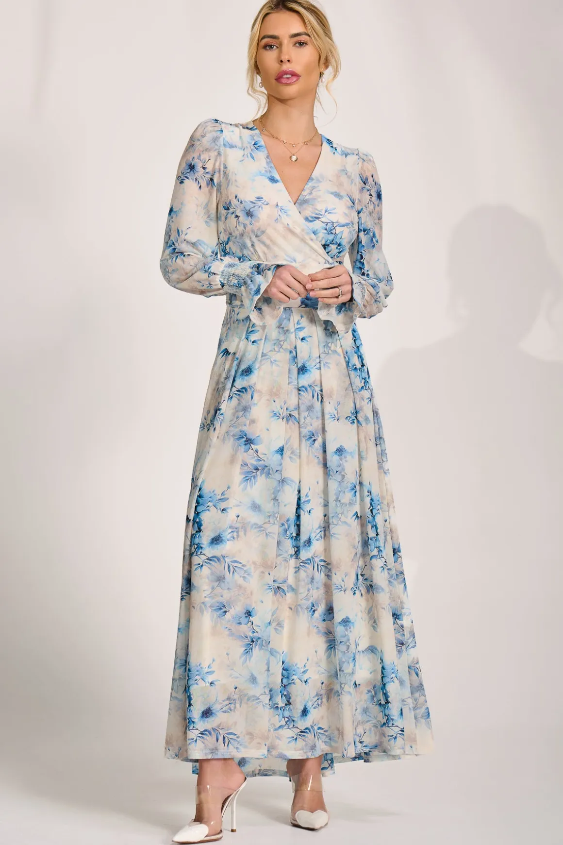 Long Sleeve V Neck Mesh Maxi Dress, Cream Floral