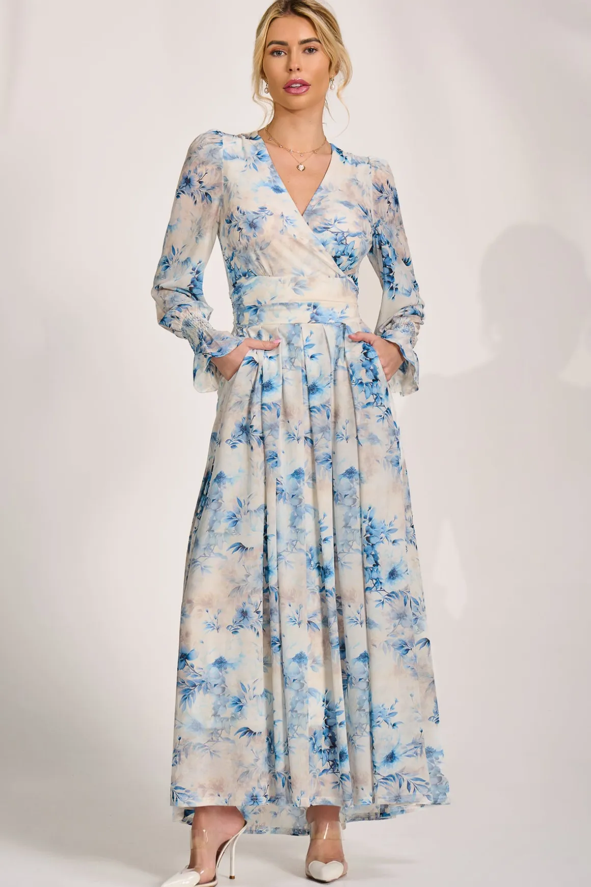 Long Sleeve V Neck Mesh Maxi Dress, Cream Floral