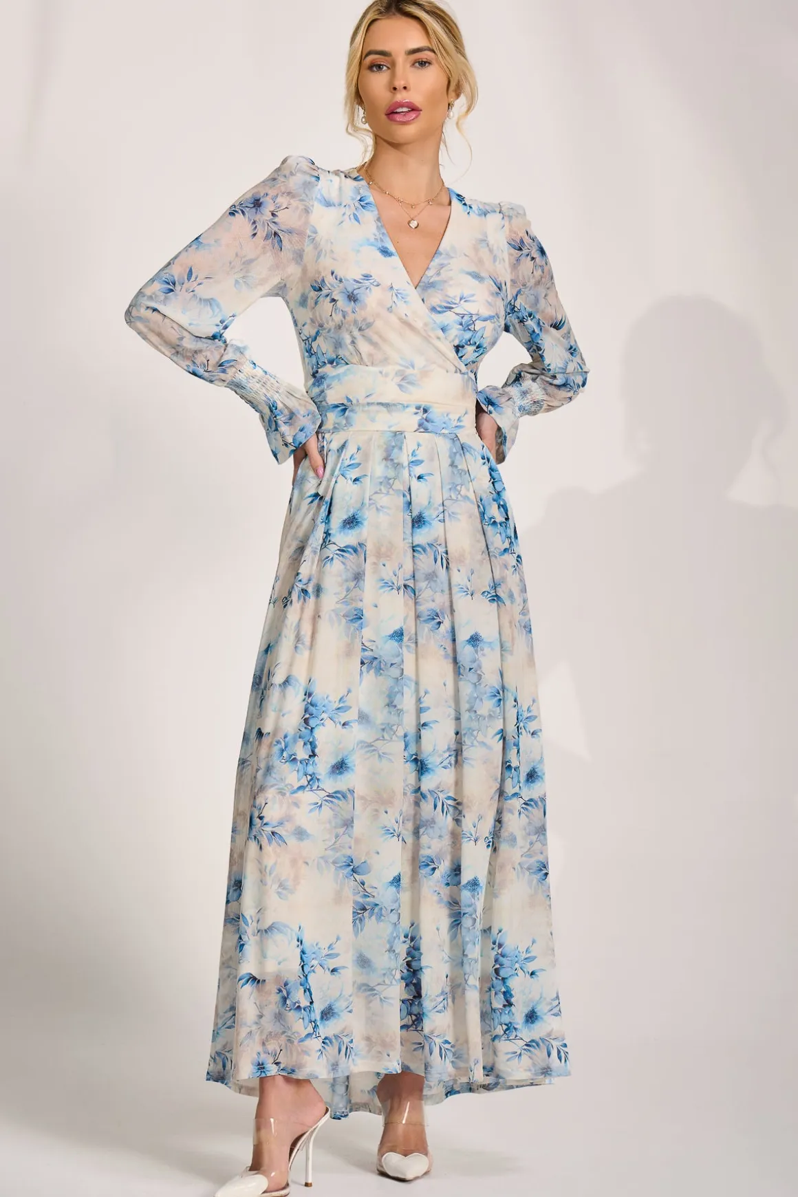 Long Sleeve V Neck Mesh Maxi Dress, Cream Floral