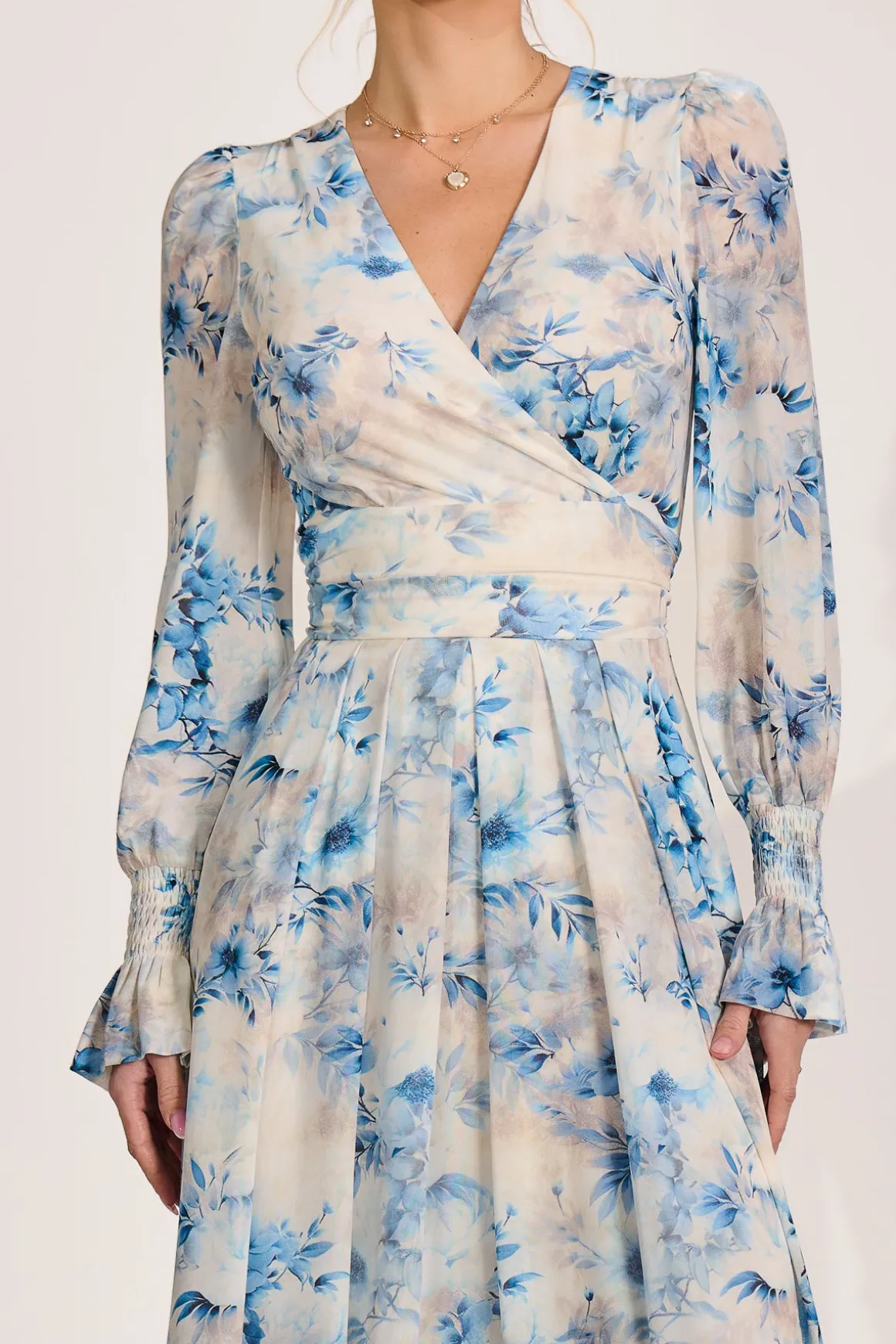 Long Sleeve V Neck Mesh Maxi Dress, Cream Floral