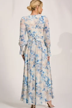 Long Sleeve V Neck Mesh Maxi Dress, Cream Floral