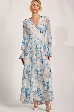 Long Sleeve V Neck Mesh Maxi Dress, Cream Floral