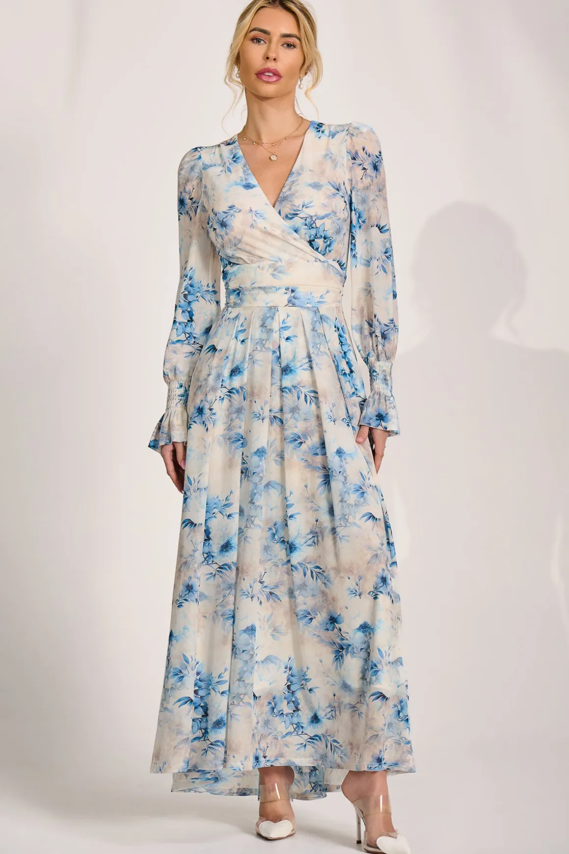 Long Sleeve V Neck Mesh Maxi Dress, Cream Floral