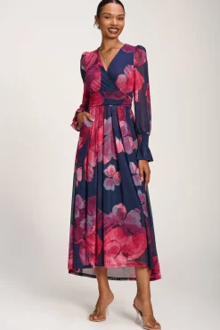 Long Sleeve V Neck Mesh Maxi Dress, Fuchsia Floral