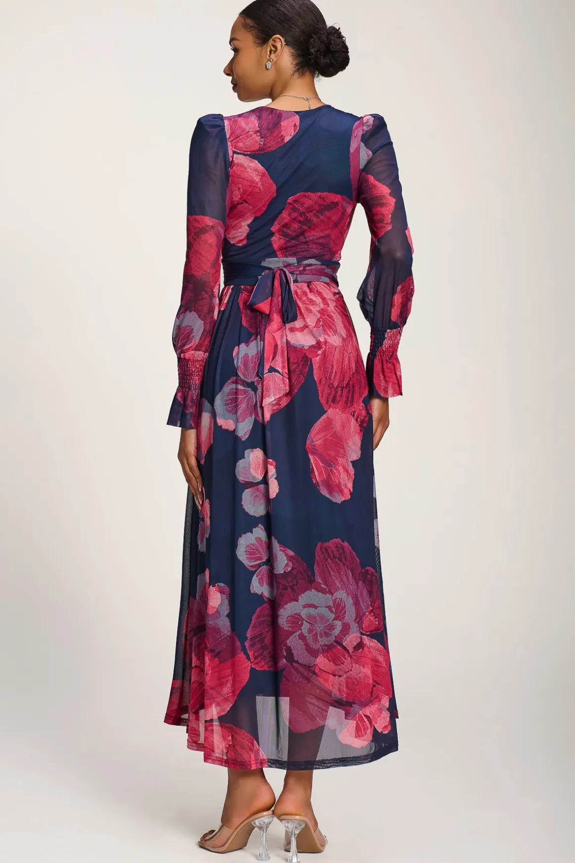 Long Sleeve V Neck Mesh Maxi Dress, Fuchsia Floral